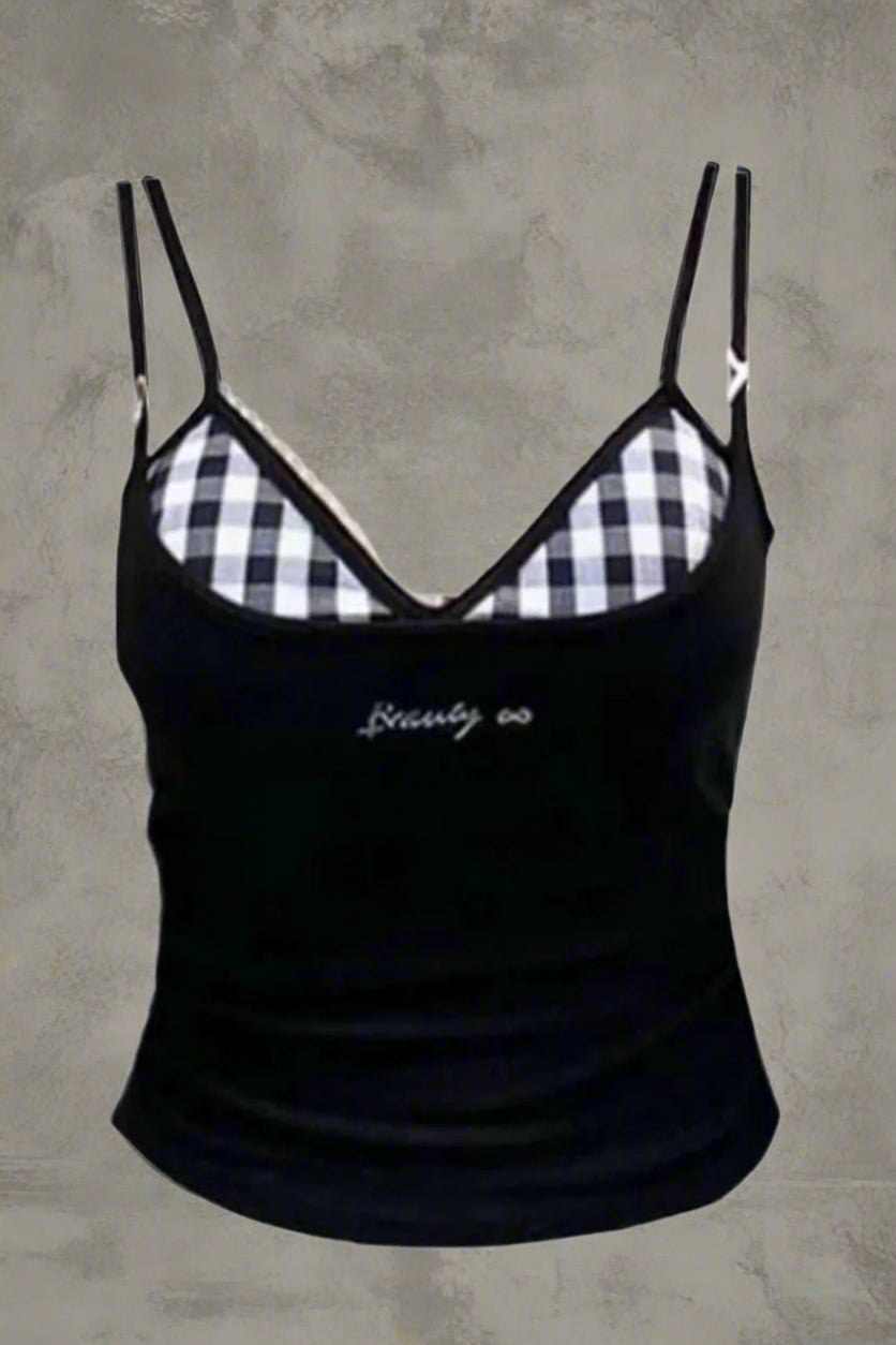 Retro Gingham Peekaboo Cami Top Black Plaid Set Shoptery