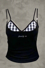 Retro Gingham Peekaboo Cami Top Black Plaid Set Shoptery