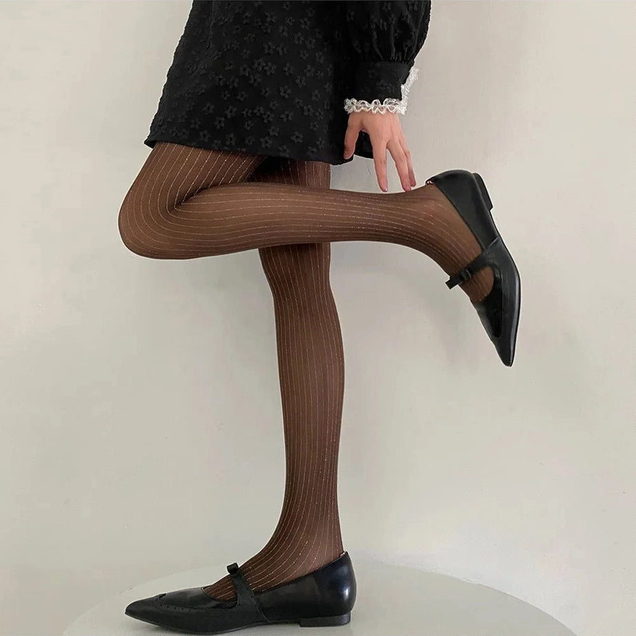 Coquette Glimmer Striped Tights Coffee One Size Shoptery