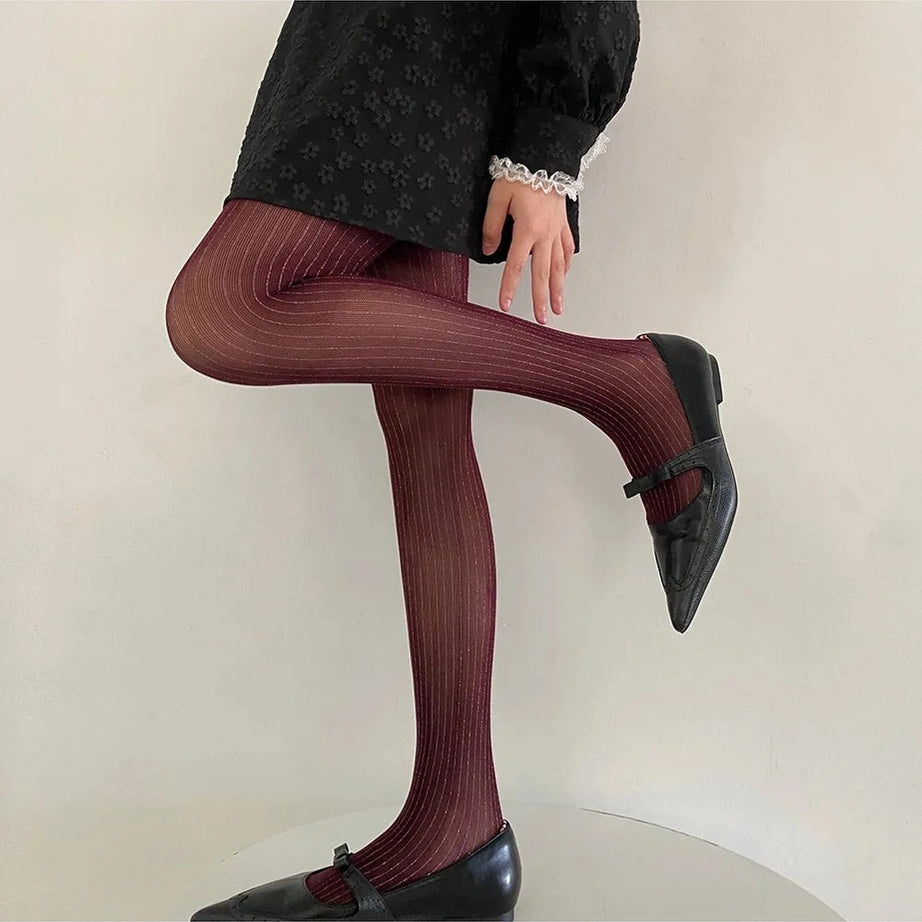 Coquette Glimmer Striped Tights Burgundy One Size Shoptery