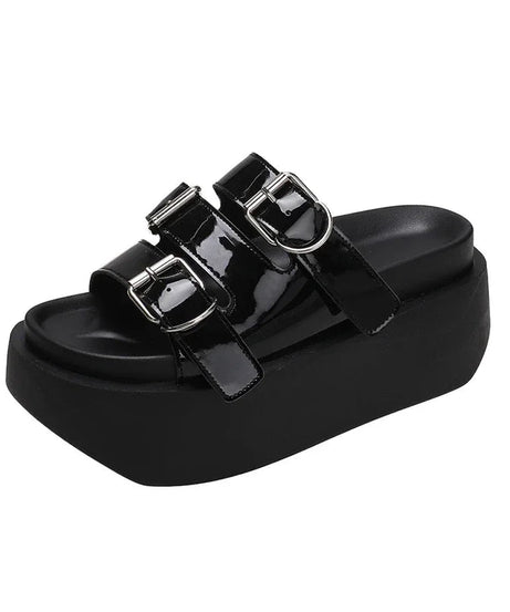 Glossy Buckle Platform Sandals - Sandals