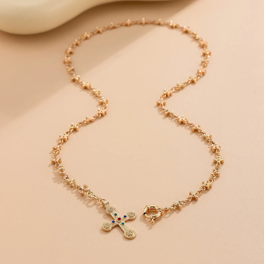 Golden Rosary Cross Aesthetic Necklace Shoptery