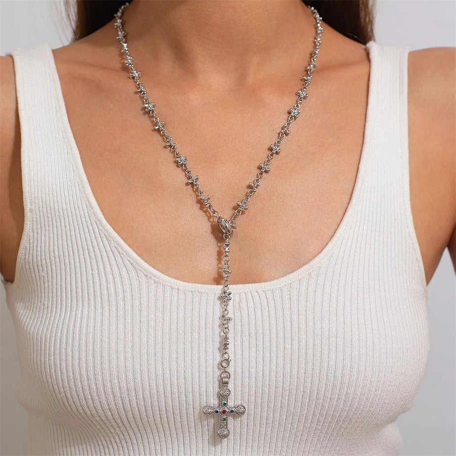 Golden Saint Cross Aesthetic Layered Necklace Silver Necklace B Shoptery