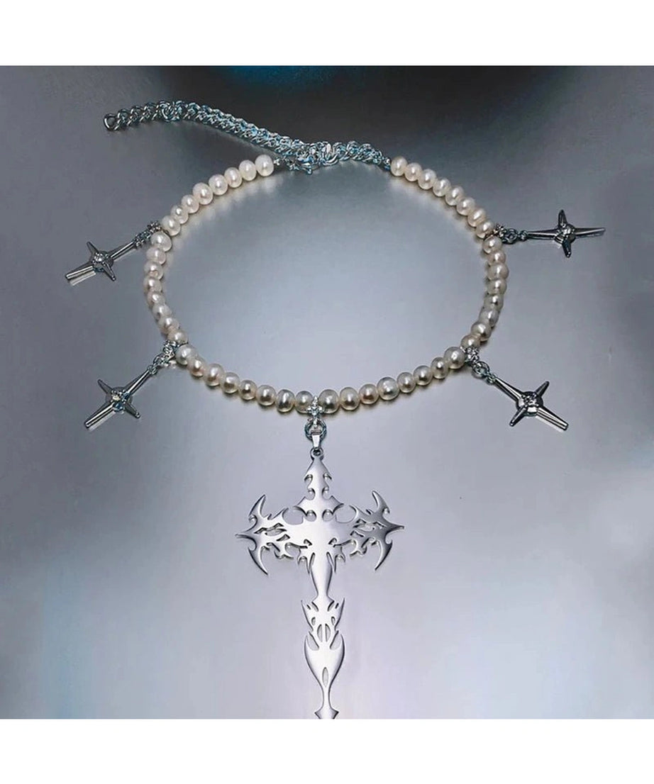 Goth Pearl Cross Necklace - Necklaces