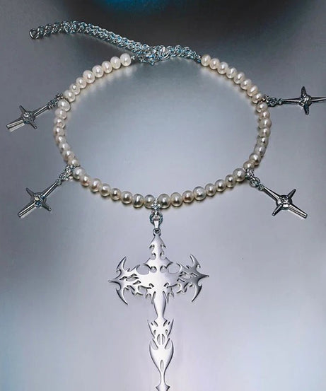 Goth Pearl Cross Necklace - Necklaces