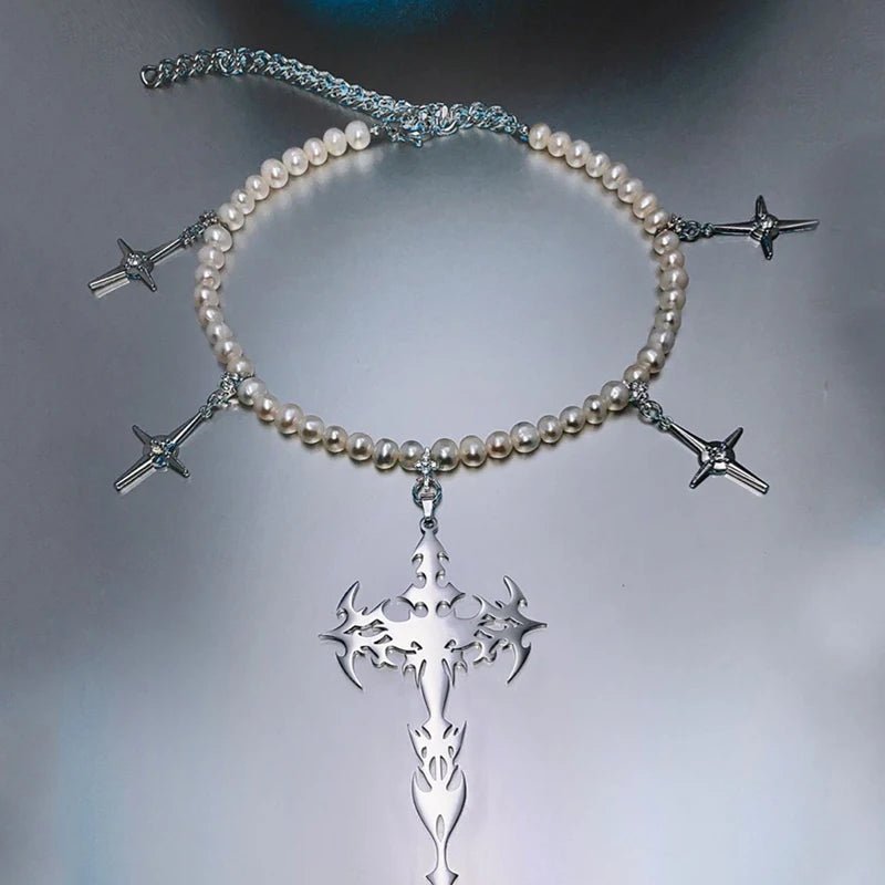 Goth Pearl Cross Necklace - Necklaces