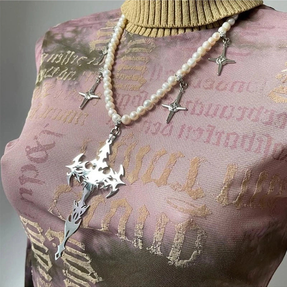 Goth Pearl Cross Necklace Shoptery