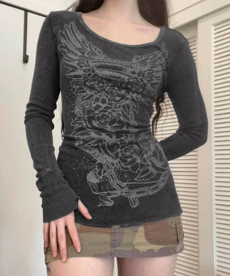 Gothic Angel Graphic Long Sleeve Top - Shirts & Tops