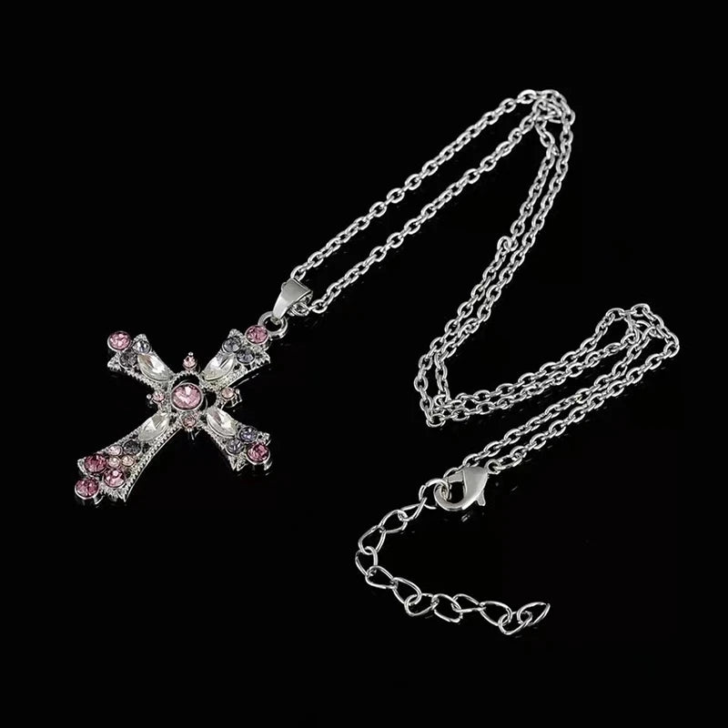 Gothic Bloodstone Cross Necklace pink cross Shoptery