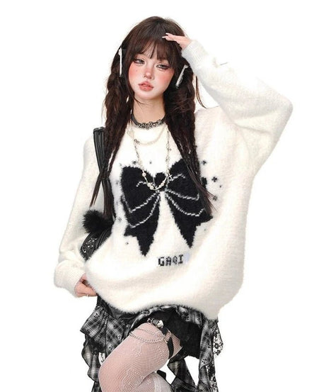 Gothic Bow Fluffy Sweater - Sweaters