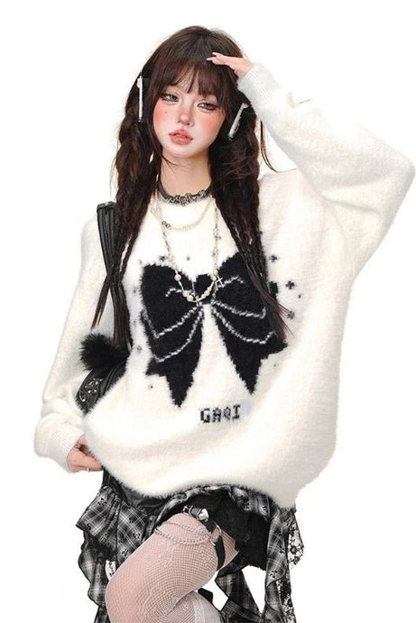 Gothic Bow Fluffy Sweater - Sweaters