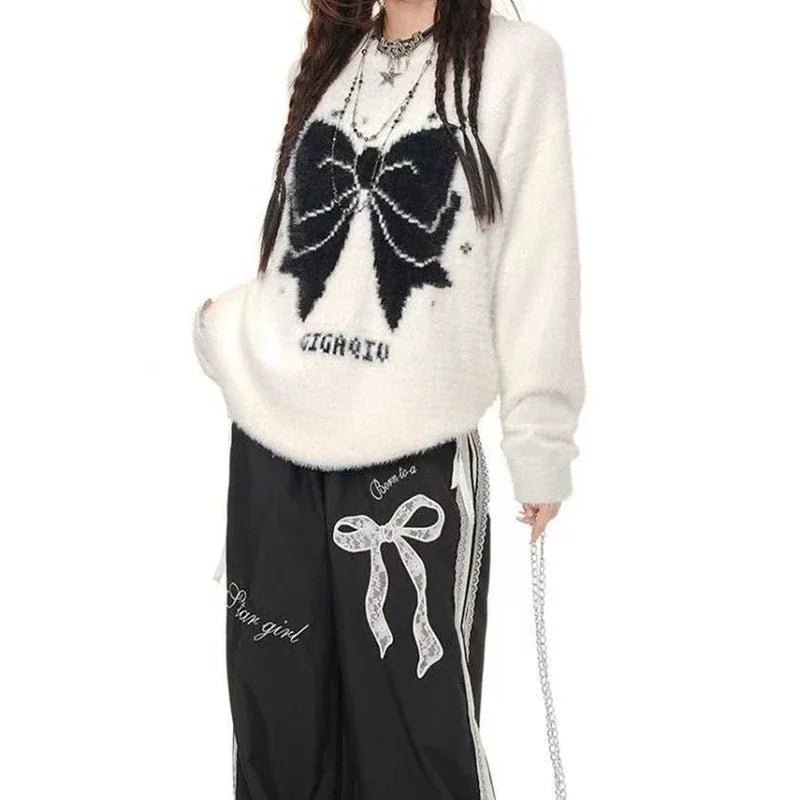 Edgy Bow Fuzzy Knit Sweater Shoptery