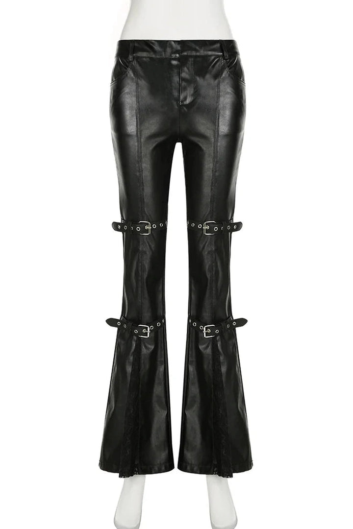 Y2k Gothic Buckle Flare Pants black Shoptery