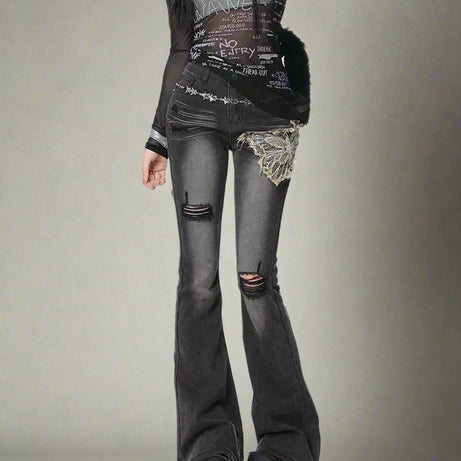Y2k Butterfly Distressed Flare Jeans Black Shoptery