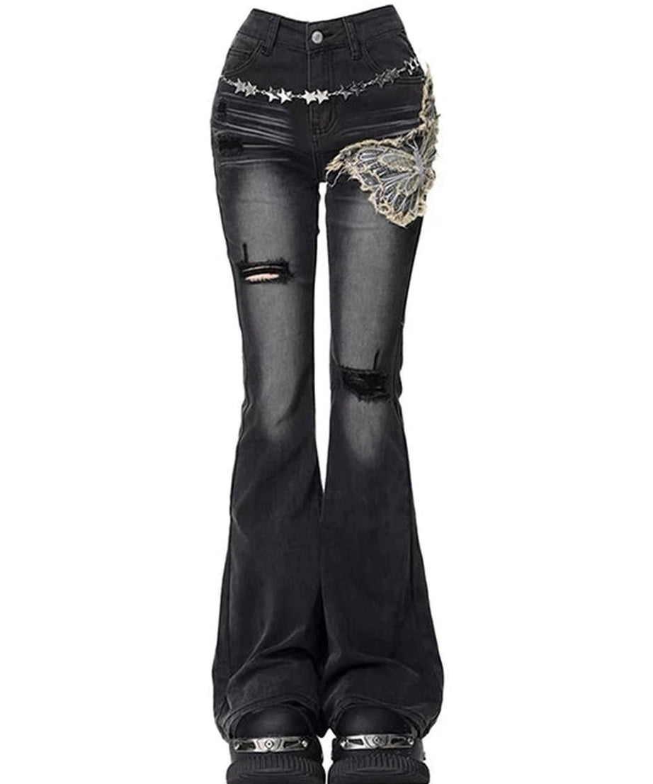 Gothic Butterfly Distressed Flare Jeans - 