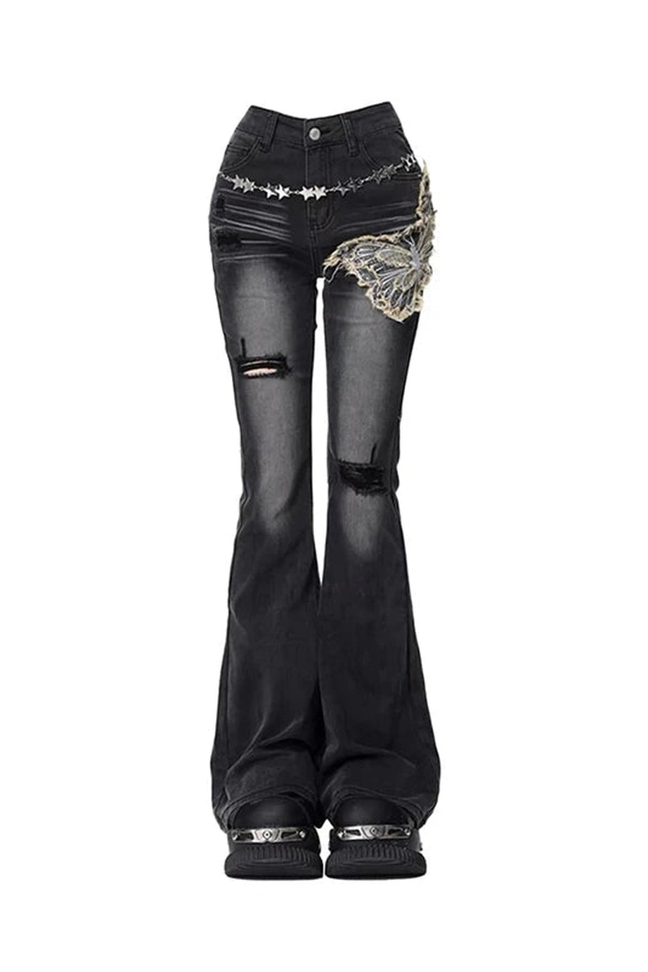 Gothic Butterfly Distressed Flare Jeans - 