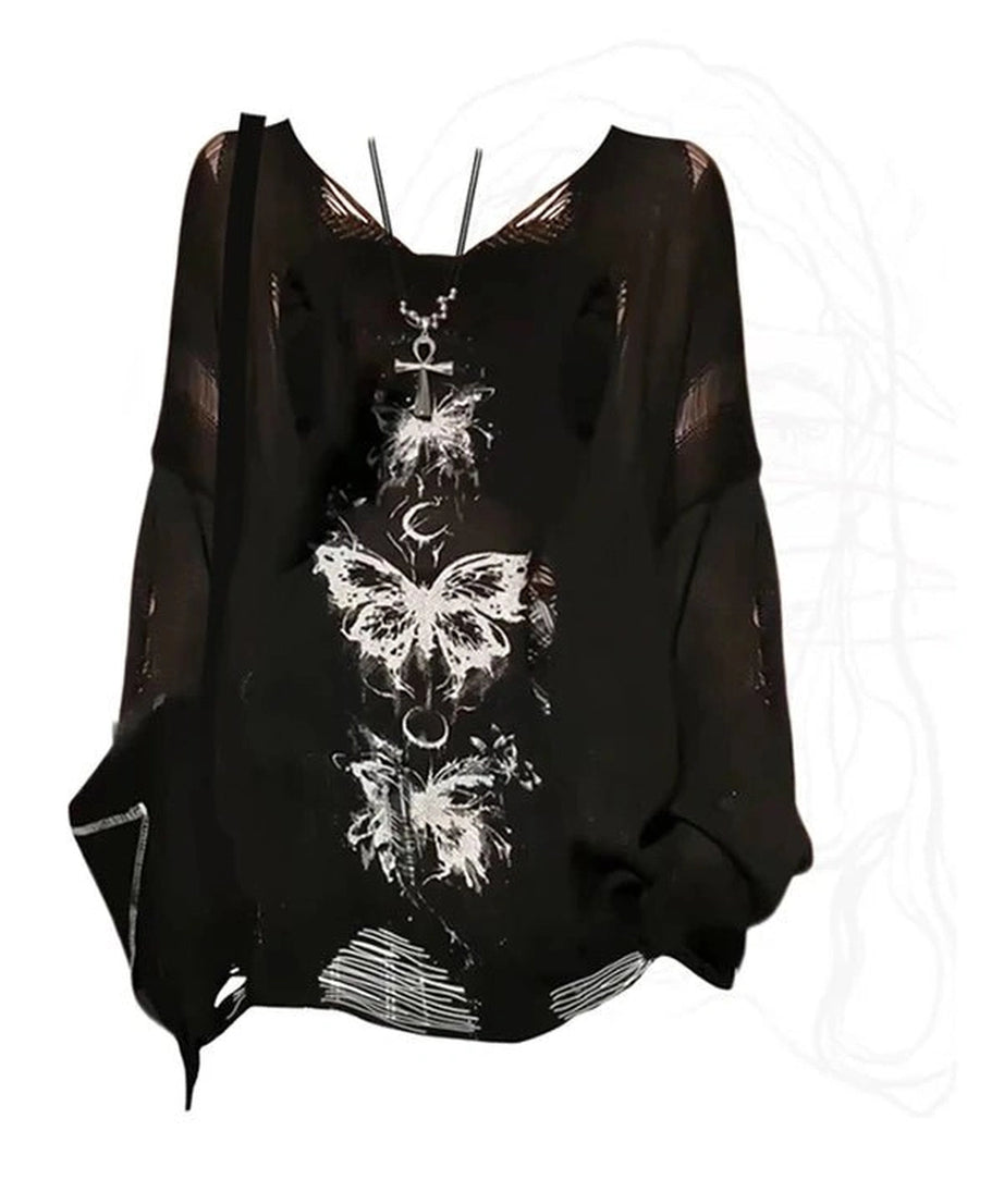 Gothic Butterfly Distressed Sweater - Sweaters