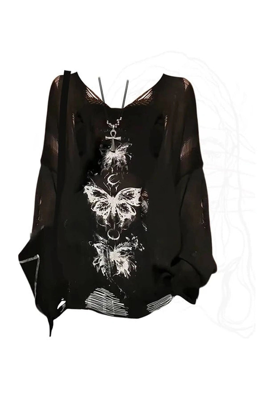 Gothic Butterfly Distressed Sweater - Sweaters