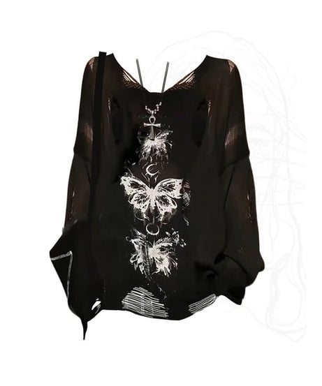 Gothic Butterfly Distressed Sweater - Sweaters