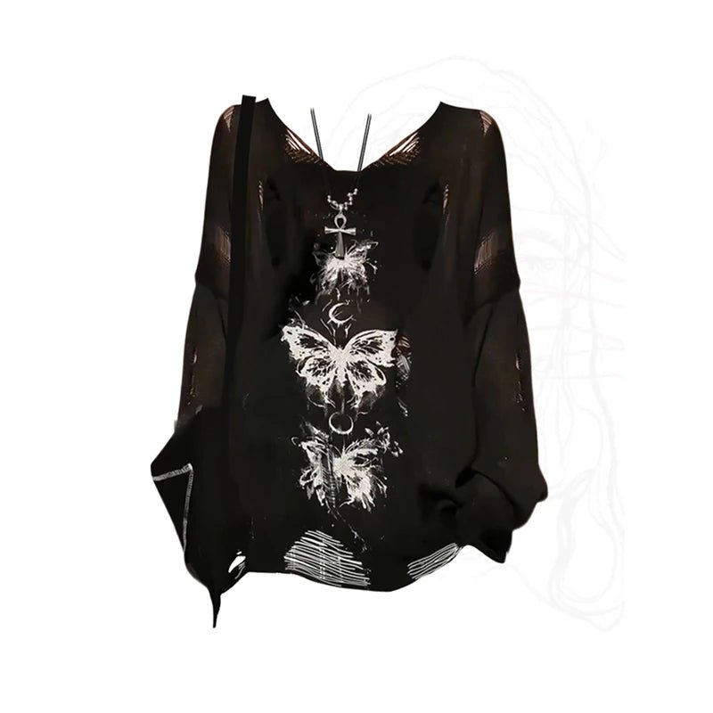 Gothic Butterfly Distressed Sweater - Sweaters