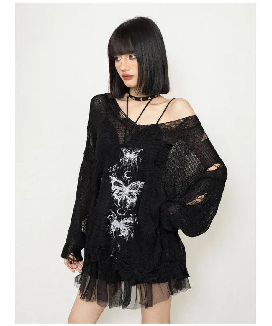 Gothic Butterfly Oversized Sweater - Sweaters