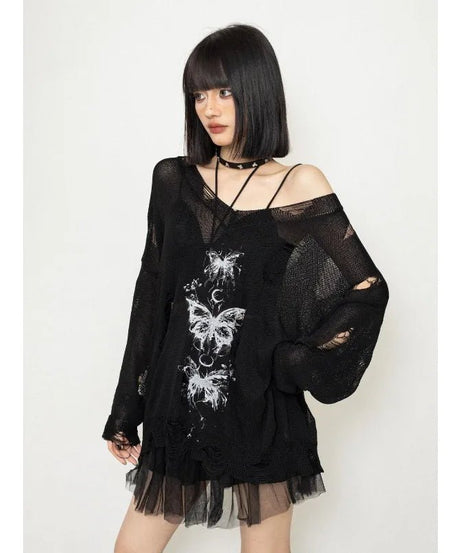 Gothic Butterfly Oversized Sweater - Sweaters