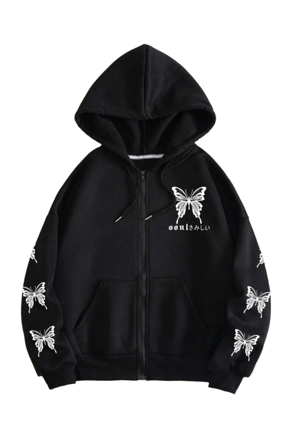 Edgy Fall Gothic Butterfly Zip-Up Hoodie Black Shoptery