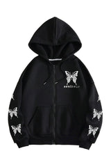 Edgy Fall Gothic Butterfly Zip-Up Hoodie Black Shoptery