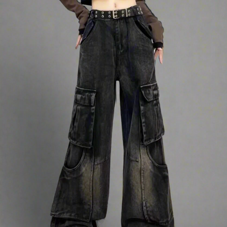 Fall Edgy Cargo Flare Jeans Black Shoptery