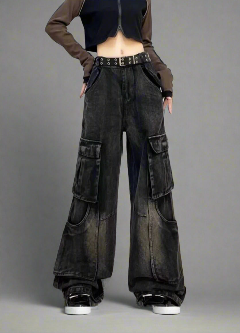 Fall Edgy Cargo Flare Jeans Black Shoptery