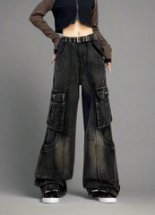 Fall Edgy Cargo Flare Jeans Black Shoptery