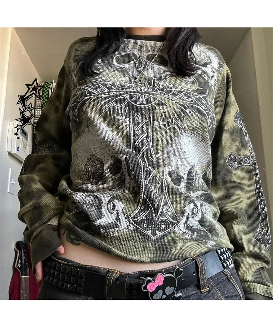 Gothic Cross and Skull Print Long Sleeve - Shirts & Tops