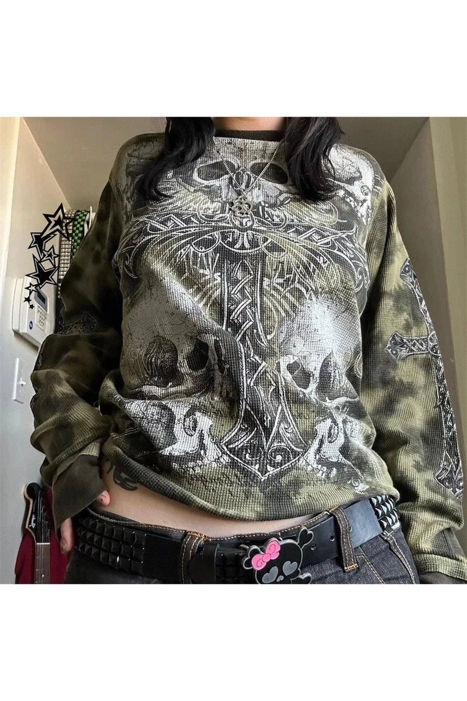 Gothic Cross and Skull Print Long Sleeve - Shirts & Tops