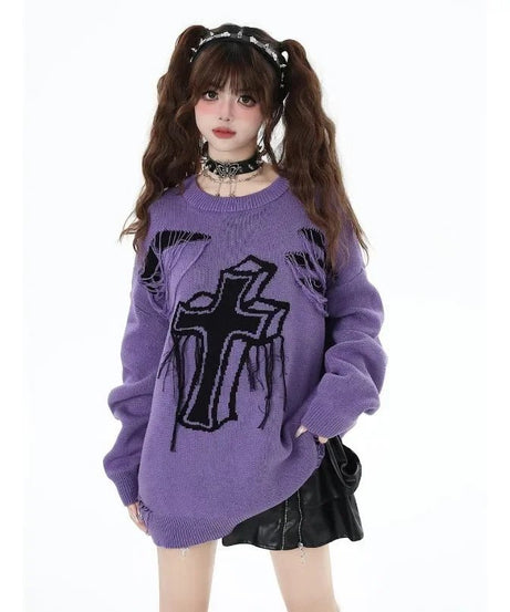 Gothic Cross Distressed Sweater - Sweaters