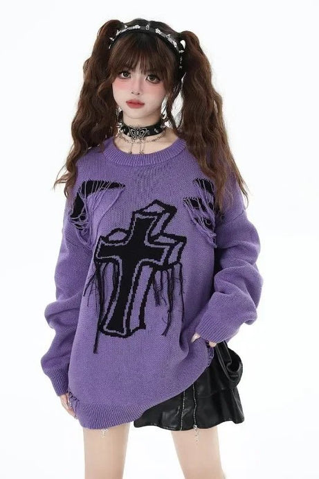 Gothic Cross Distressed Sweater - Sweaters