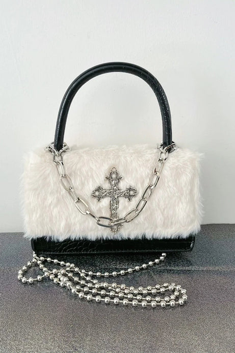 Gothic Cross Faux Fur Shoulder Bag - Bags