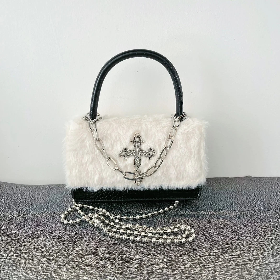 Gothic Cross Faux Fur Shoulder Bag - Bags