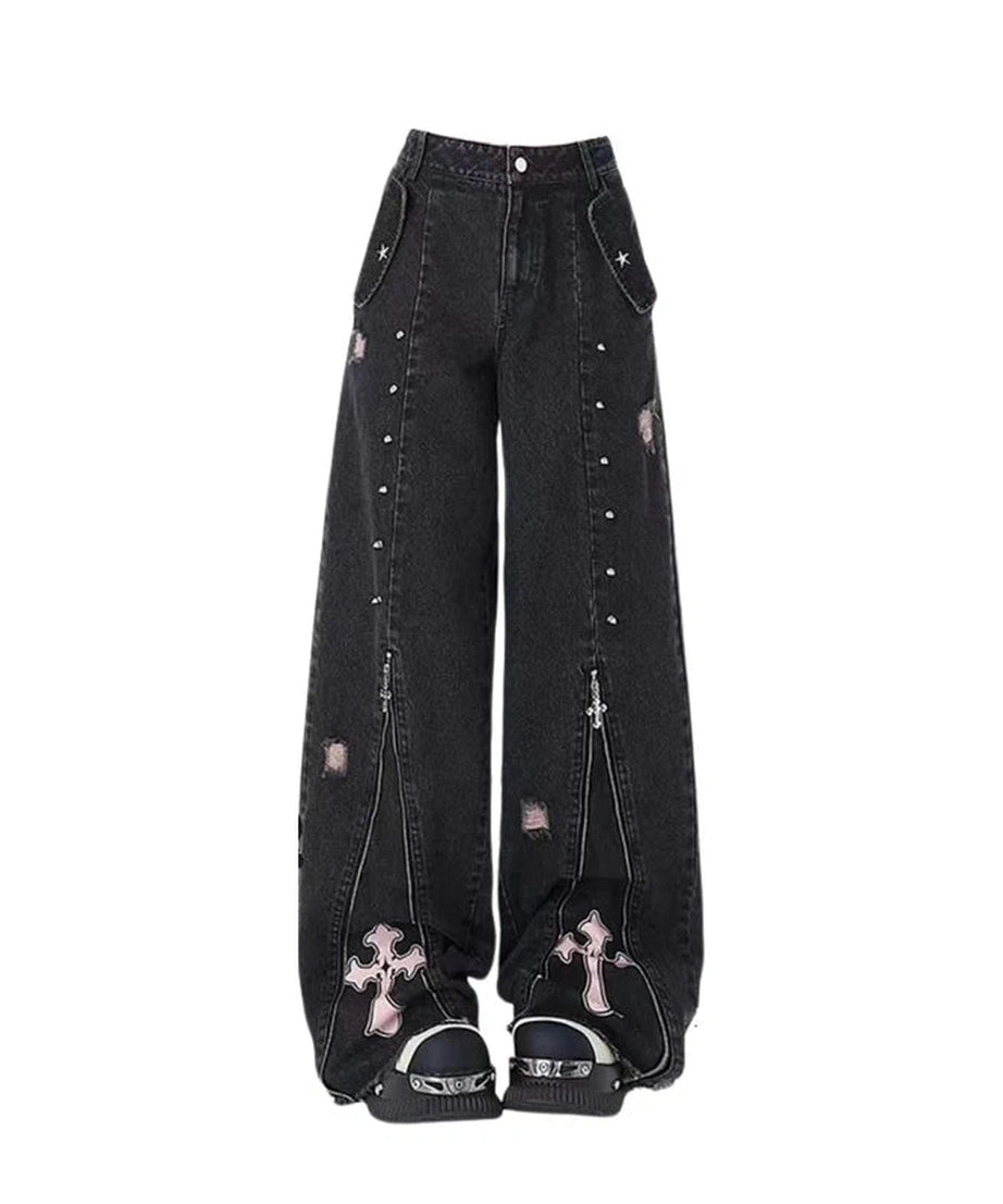 Gothic Cross Flare Jeans - Jeans