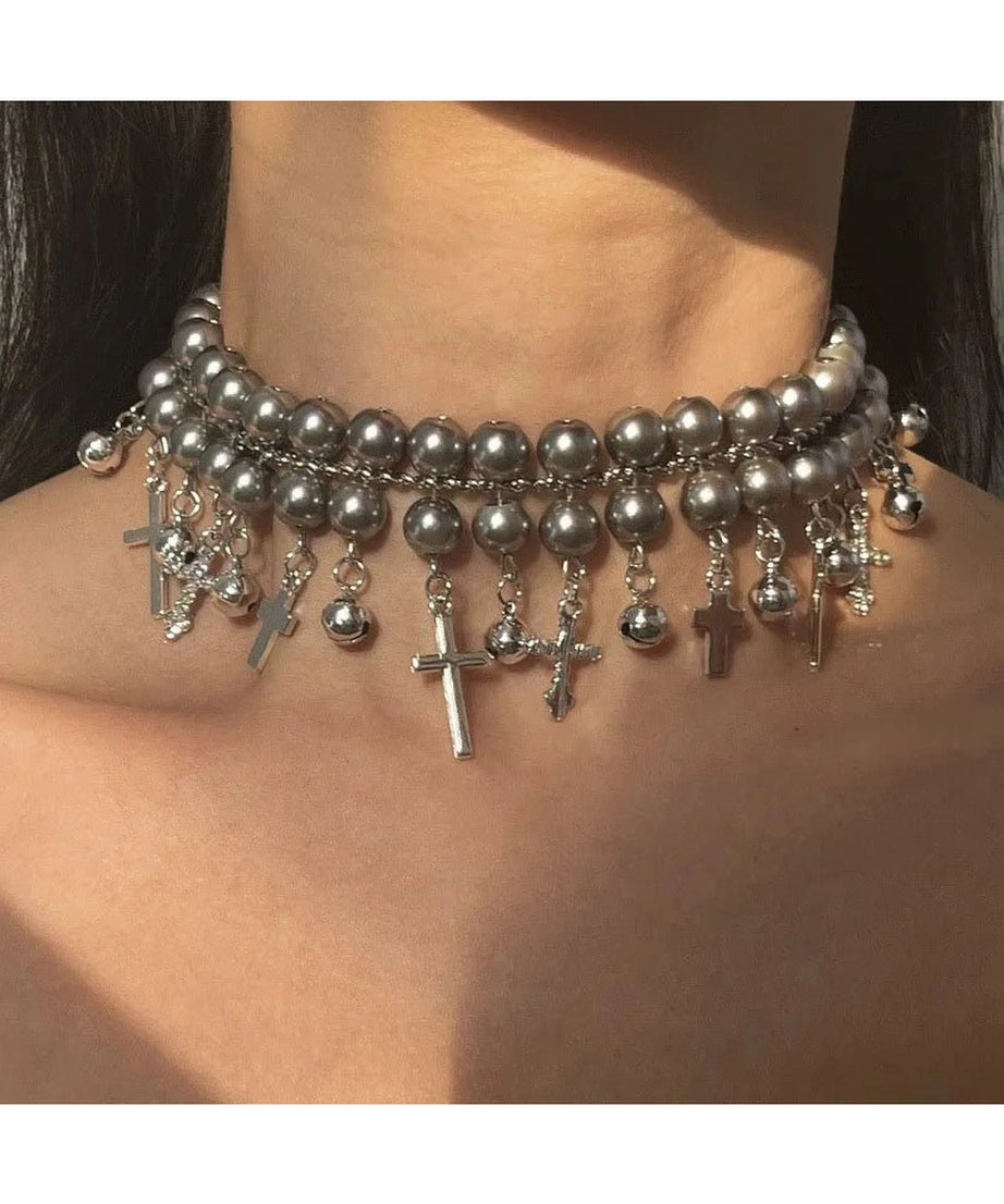 Gothic Cross Pearl Choker - Chokers