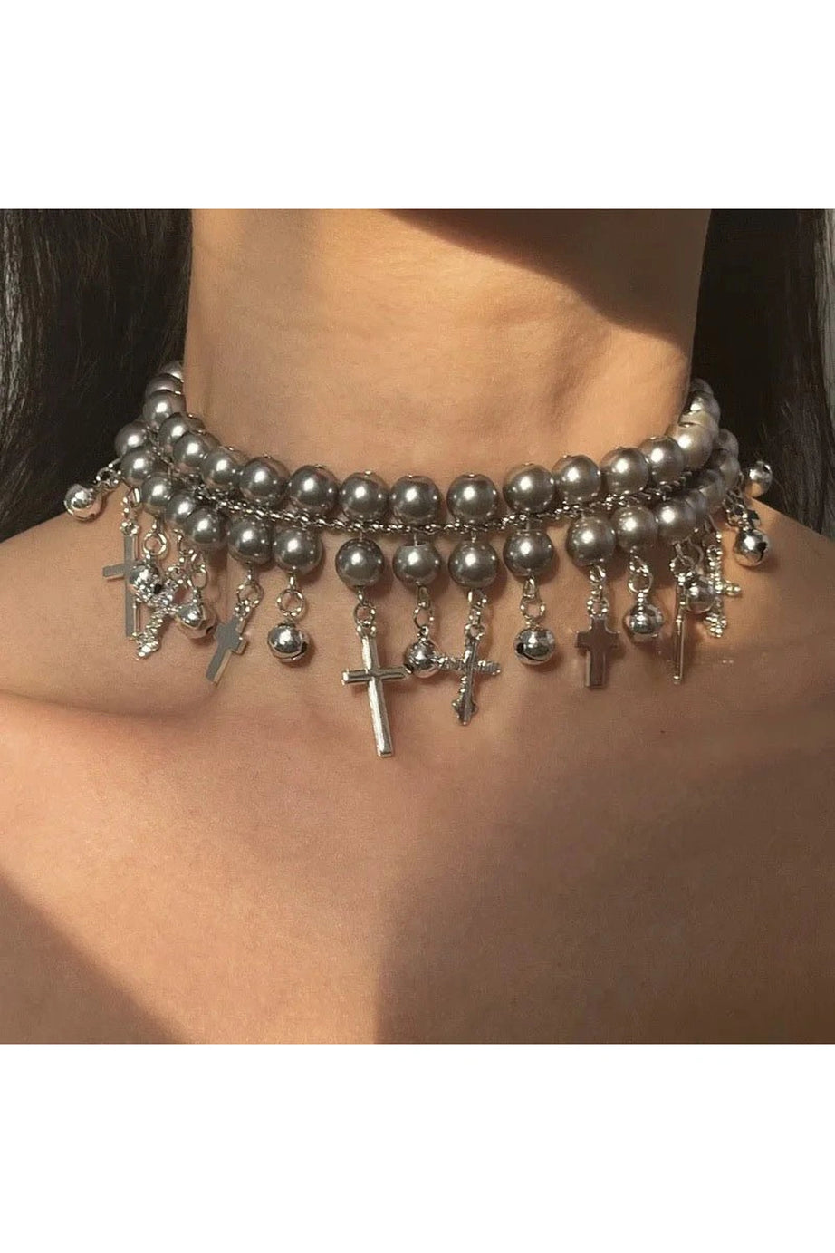 Gothic Cross Pearl Choker - Chokers