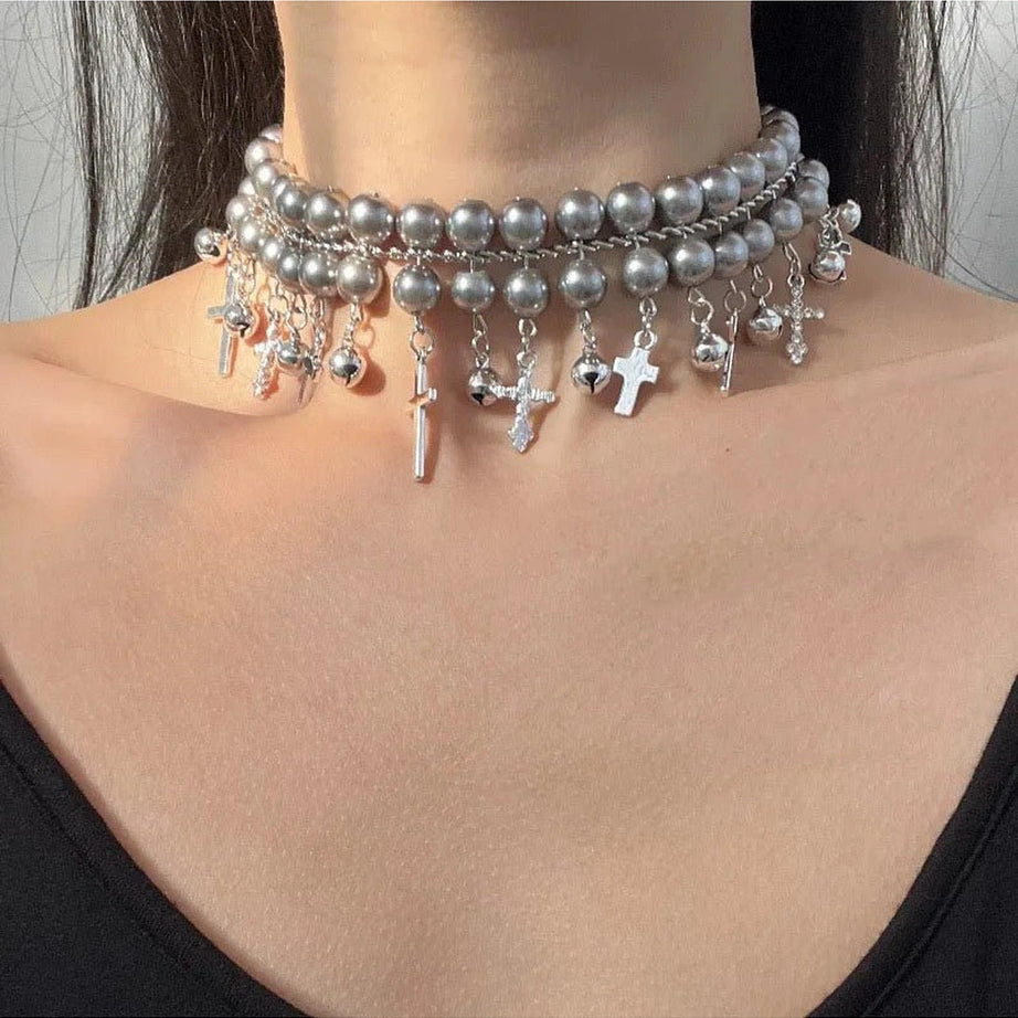 Gothic Cross Pearl Choker Shoptery