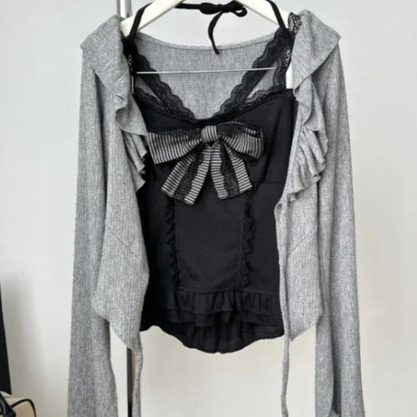 Gothic Doll Strapped Long Sleeve Set cardigan vest Shoptery