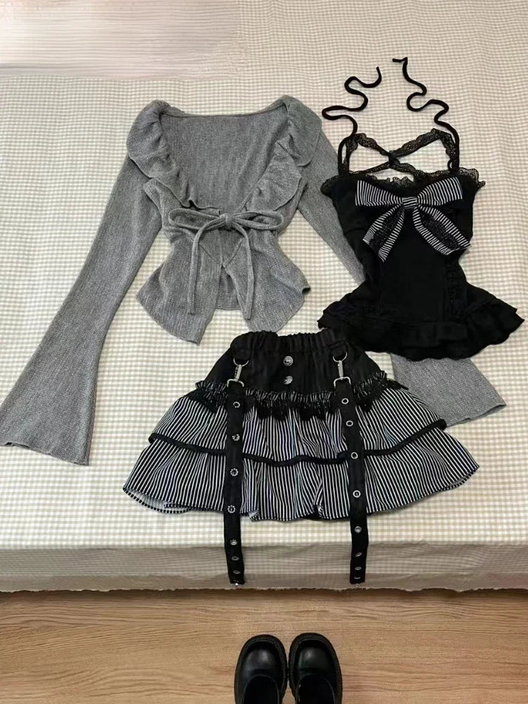 Gothic Doll Strapped Long Sleeve Set 3-piece Set Shoptery