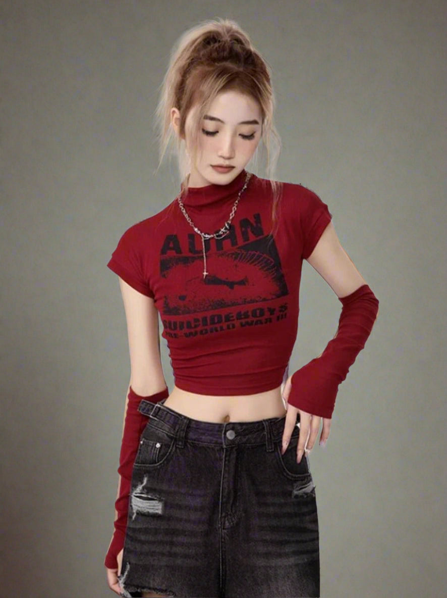 Alt Graphic Mock Neck Crop Top Red Shoptery