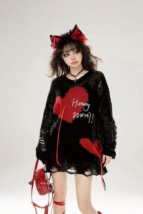 Gothic Grunge Oversized Heart Sweater - 