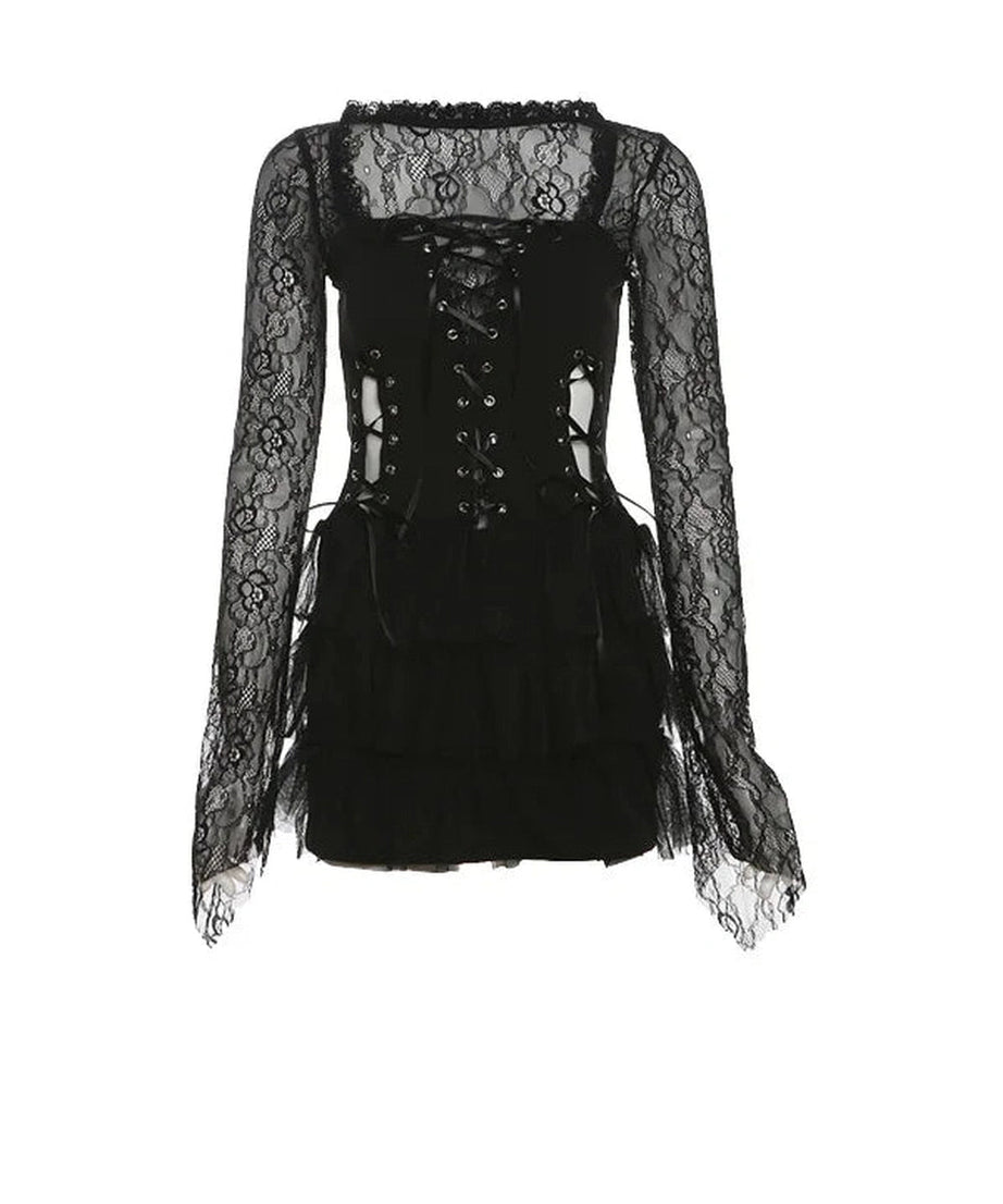 Gothic Lace Tiered Mini Dress - Dresses