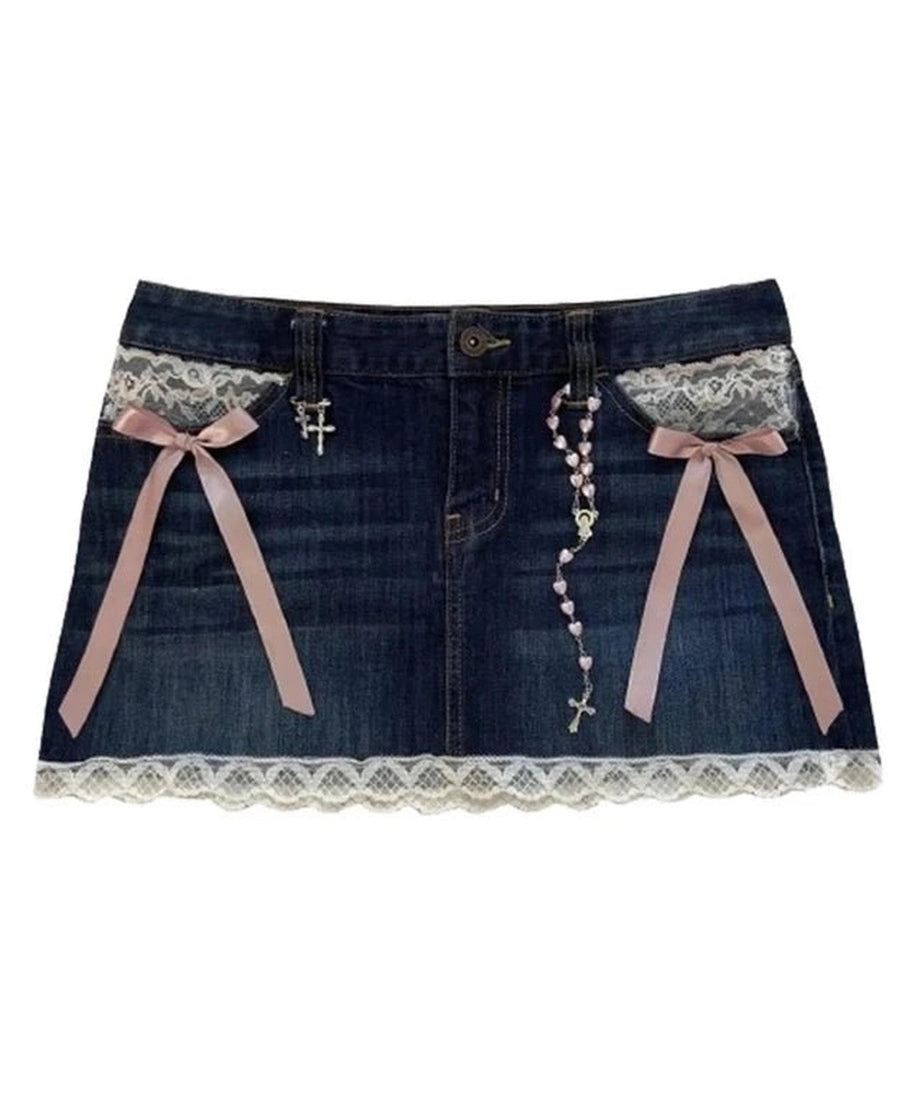 Gothic Rivets Denim Skirt - Skirts