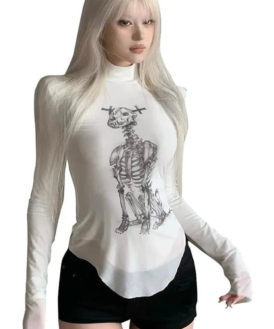 Gothic Skeleton Turtleneck Long Sleeve Top - Shirts & Tops