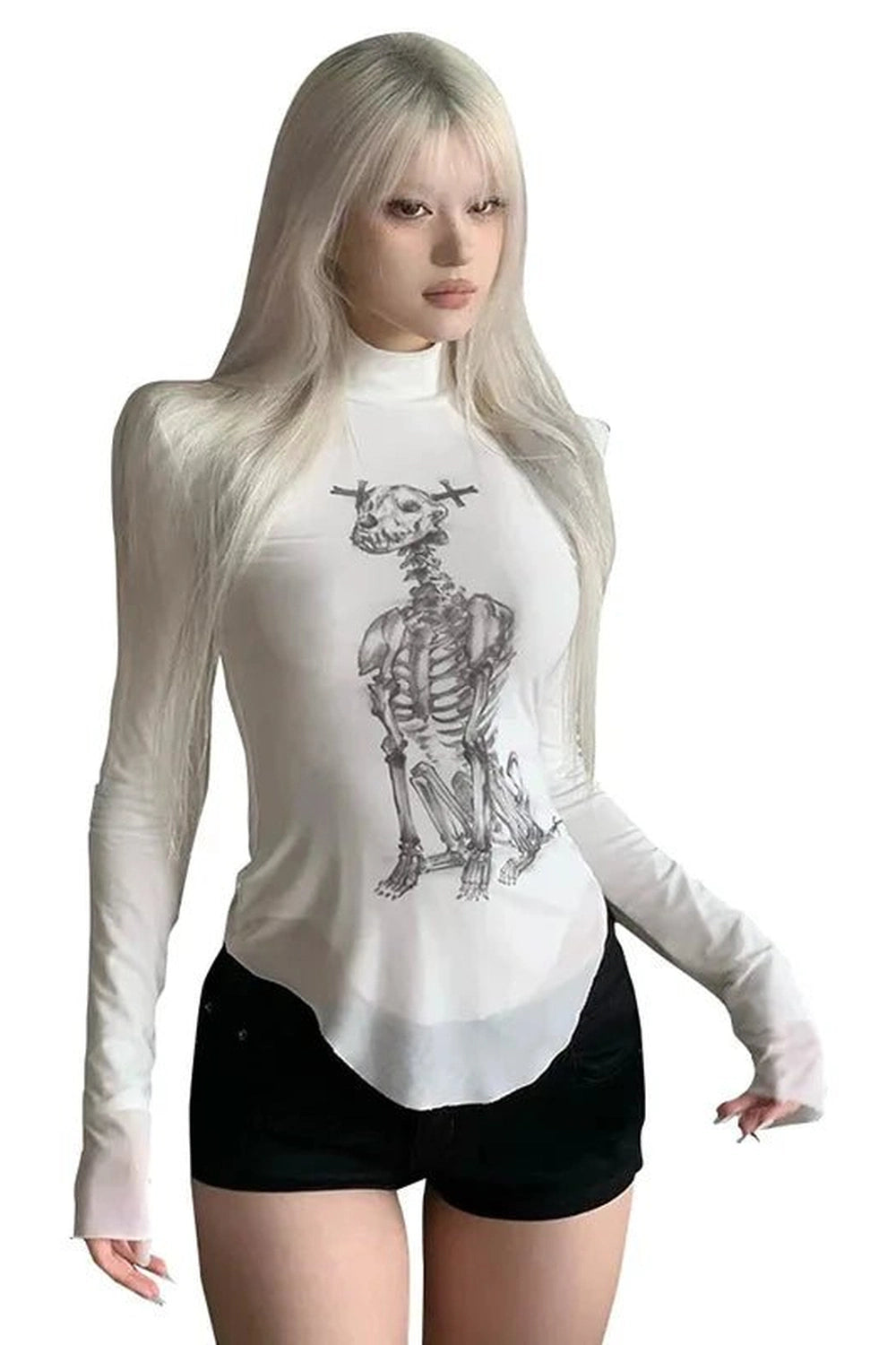 Alt Goth Skeleton Turtleneck Long Sleeve Top Beige Shoptery