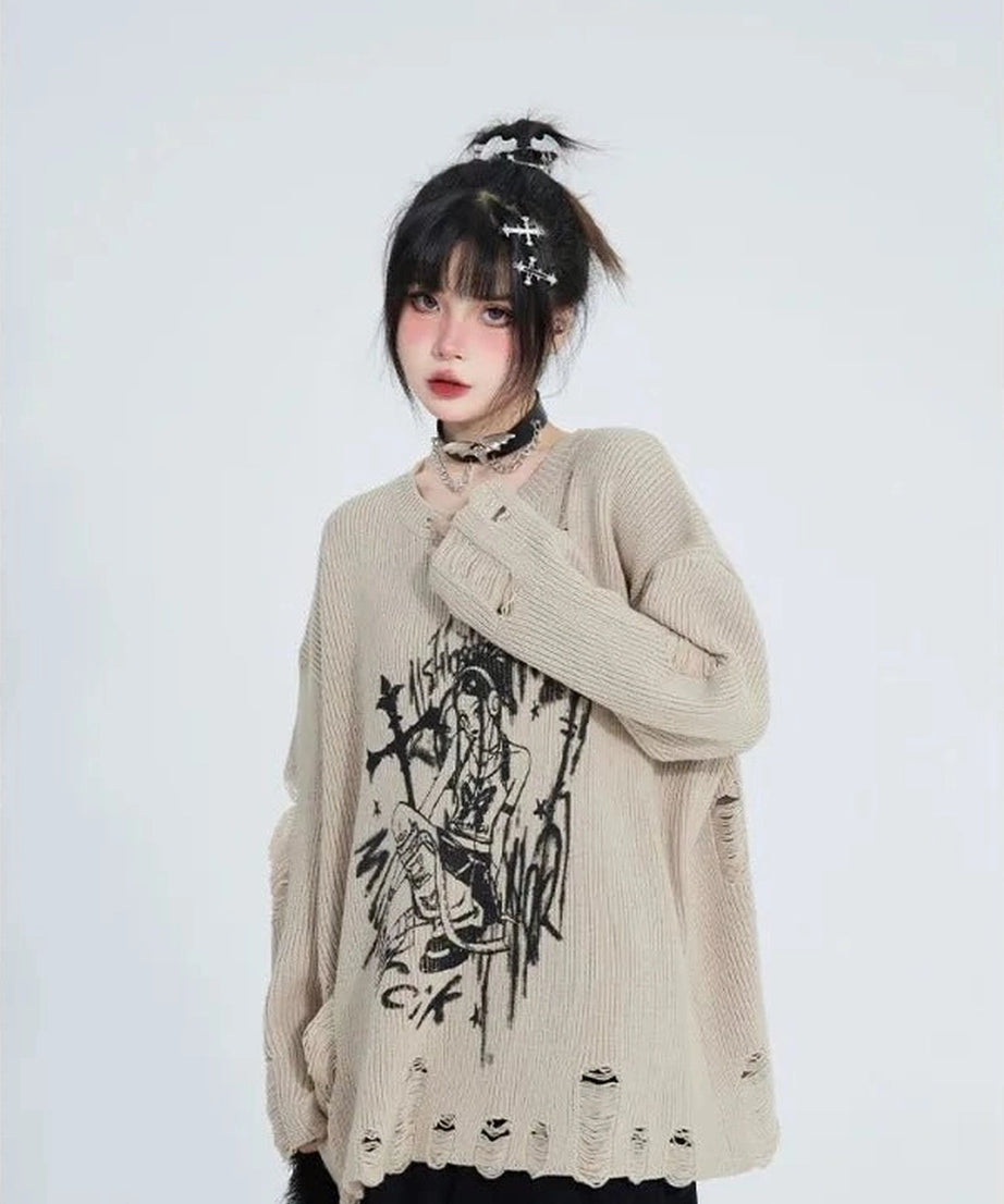 Graffiti Distressed Knit Sweater - Sweaters